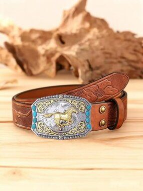 New - Cowboy Belt Buckle Gold Horse w Turquoise Beads Silver Tone Western Wear